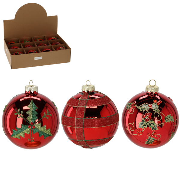 GLASS ORNAMENT - RED WITH HOLLY MIXED PATTERNS