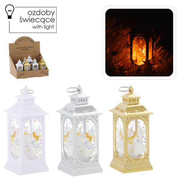 LANTERNĂ SĂRBĂTOARE 5,2 x 5,2 x 12,5 CM CU LED ARGINTIE/AURIE/ALBĂ CU ÎNGER disp=12buc *2577