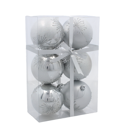 SET OF 6 CHRISTMAS BAUBLES SILVER 8 CM