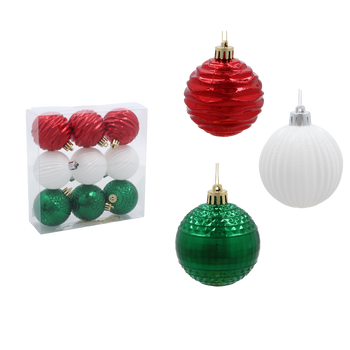 SET OF 9 BAUBLES 6 CM RED/GREEN/WHITE