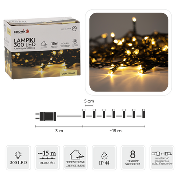 LED SVETLÁ 300L TEPLÁ BIELA DĹŽKA 3 + 15 M VNÚTORNÉ/OVENKOVÉ *9508