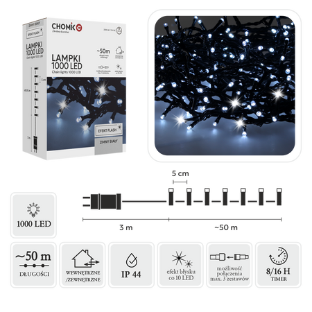 LAMPKI LED 1000L ZIMNY BIAŁY + ZIMNY FLASH, DŁ. 3 + 50 M WEWN/ZEWN *9652