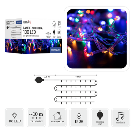 LAMPKI LED Z MELODIĄ USB 100L MULTIKOLOR, DŁ. 0,3 + 10 M *8516