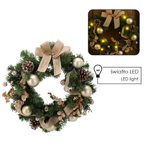 VÁNOČNÍ VĚNEC 15 LED 40 CM ZLATÝ *0301