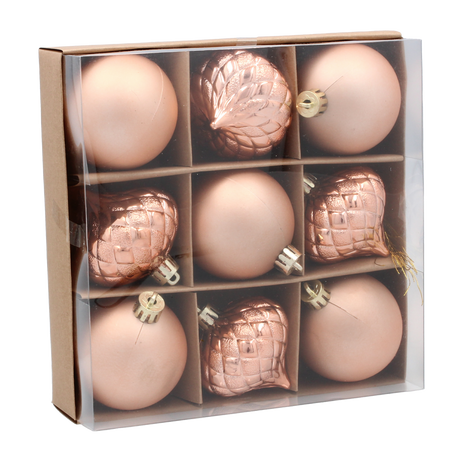 SET OF 9 BAUBLES 6 CM OLIVE/COPPER/GRAPHITE MIX DESIGNS