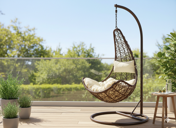 FOTEL WISZĄCY CIEMNY BRĄZ, PODUSZKA - KREM , RAMA - CIEMNY BRĄZ, POŁÓWKA