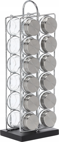 PRZYPRAWNIK PROSTOKĄTNY 11 x 10 x 36,5 CM Z RĄCZKĄ 12 SŁOICZKÓW SREBRNO-CZARNY *9196