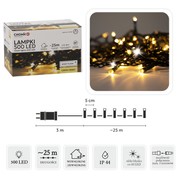 LED KELLY 500L TEPLÁ BIELA + STUDENÝ BLESK, DĹŽKA 3 + 25 M VNÚTORNÝ/VONKAJŠÍ *9591