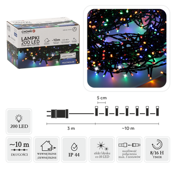 LED SVÍTILKY 200L MULTIKOLOR + STUDENÝ BLESK, DÉLKA 3 + 10 M VNITŘNÍ/VENKOVNÍ *9492