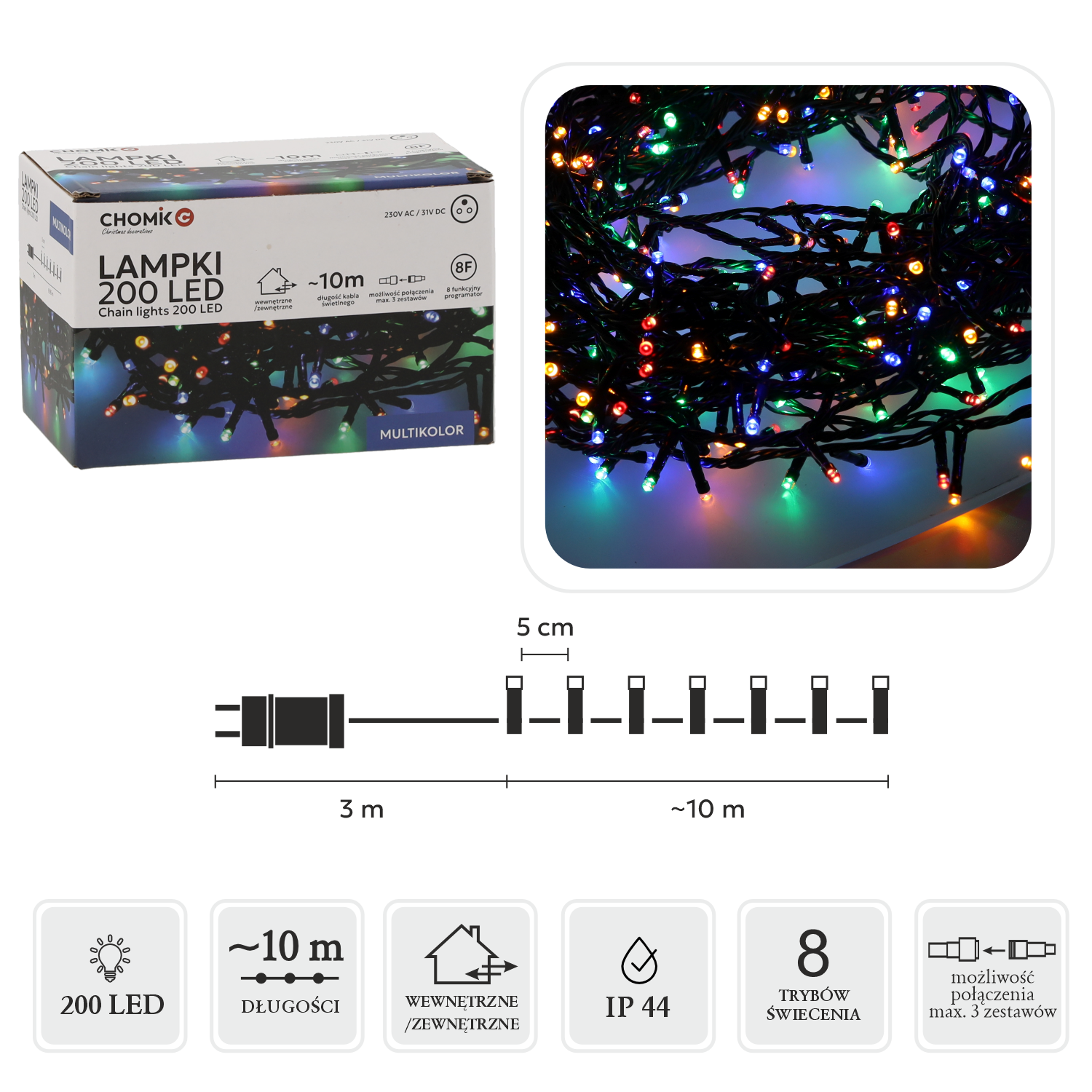 LAMPKI LED 200L MULTIKOLOR DŁ. 3 + 10 M WEWN/ZEWN *9461