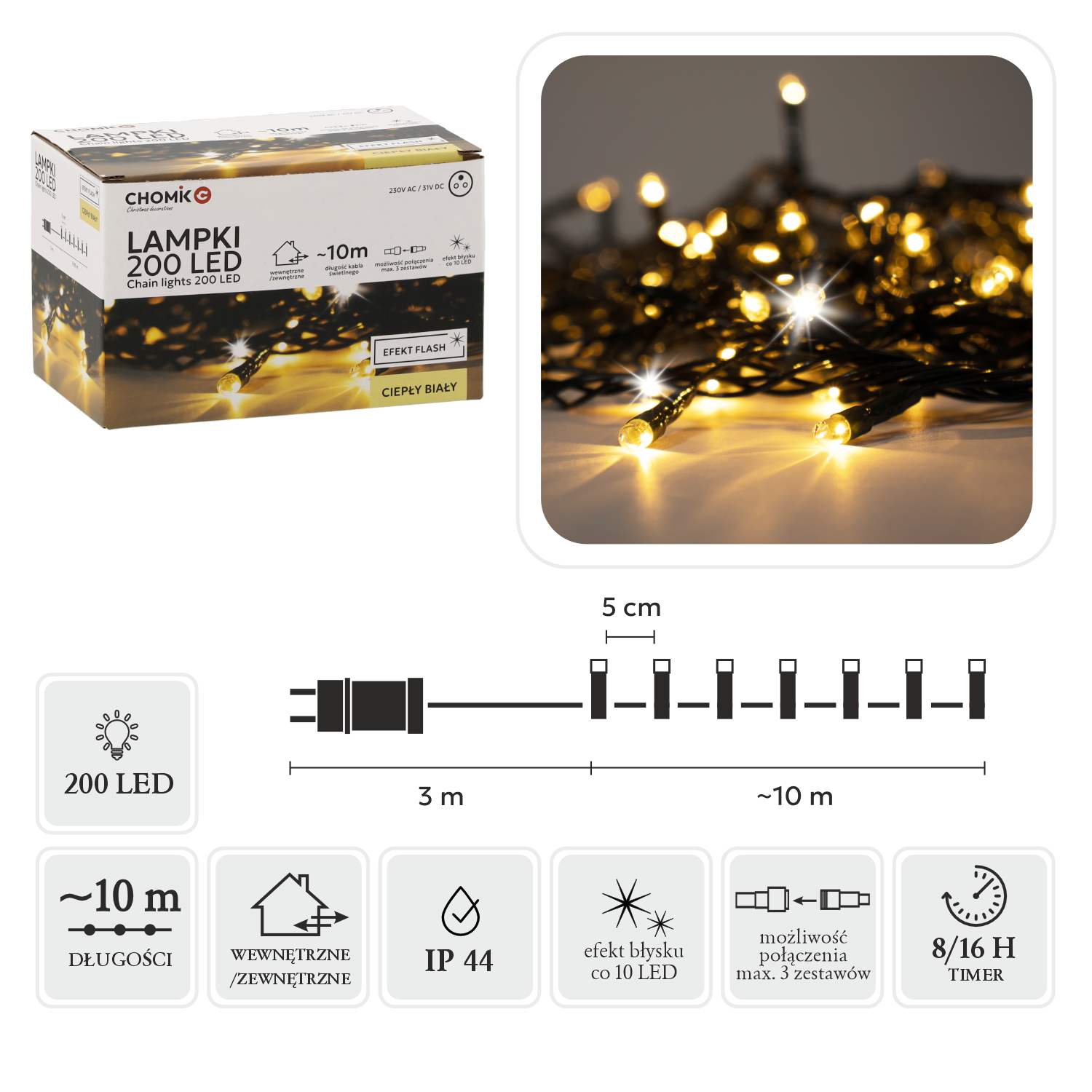 LAMPKI LED 200L CIEPŁY BIAŁY + ZIMNY FLASH, DŁ. 3 + 10 M WEWN/ZEWN *9478