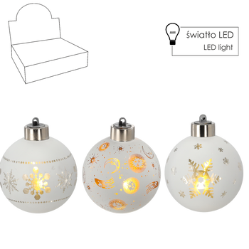 BOMBKA SZKLANA - BIAŁA 8 CM ŚNIEŻKA LED MIX WZORÓW disp=12szt *4167