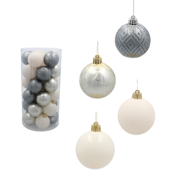SET OF 30 ORNAMENTS 6 CM  IN TUBE CHAMPAGNE/GRAY/WHITE