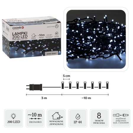 LAMPKI LED 200L ZIMNY BIAŁY DŁ. 3 + 10 M WEWN/ZEWN *9454