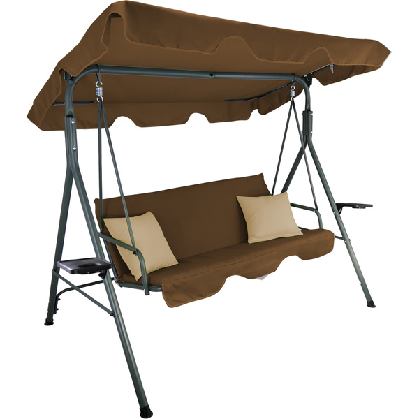 HUŚTAWKA OGRODOWA A-TYPE 170 x 118 x 153 cm BRĄZOWA Z BEŻOWYMI POD. I PODSTAWKAMI NA KUBEK *7626