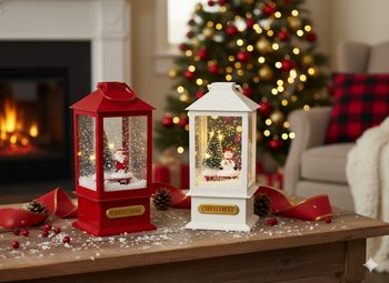 VÁNOČNÍ LAMPION 9 x 9 x 23 cm S LED VLOŽKOU MELODIÍ - BÍLÝ SE SNEHULÁKEM / ČERVENÝ SE MIKULÁŠEM*1628