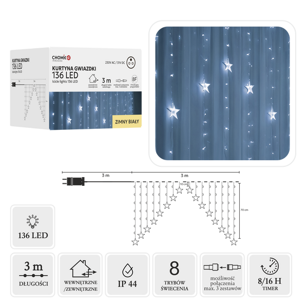 CORTINĂ LUMINOSĂ STELE 136L ALB RECE, LUNGIME 3 + 3 M *0023