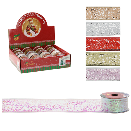 ŚWIĄTECZNA WSTĄŻKA DEKORACYJNA 3,8 CM x 2,7 M MIX KOLORÓW opak=24szt *4741