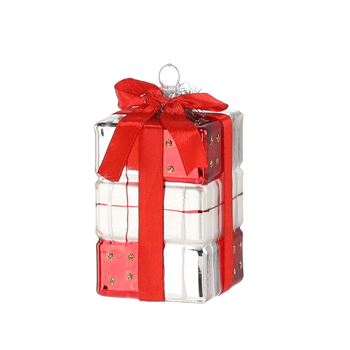 GLASS ORNAMENT - PRESENT WHITE-RED 4.7 X 4.7 X 8.3 CM