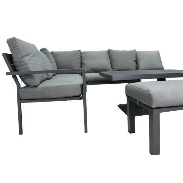 SADA HLINÍKOVÝCH NÁBYTKŮ (ROHOVÁ SOFA + PUFA + STOLÍK) ŠEDÁ + ŠEDÉ POLŠTÁŘE *9422