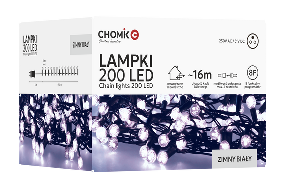 LED SVĚTLA CHERRY BALL 200L STUDENÁ BÍLÁ, DÉLKA 3 + 16 M *9973