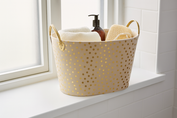 KOSZ NA PRANIE/ZABAWKI 38 x 48 x 34 CM W KROPKI ZŁOTY/SREBRNY *4885