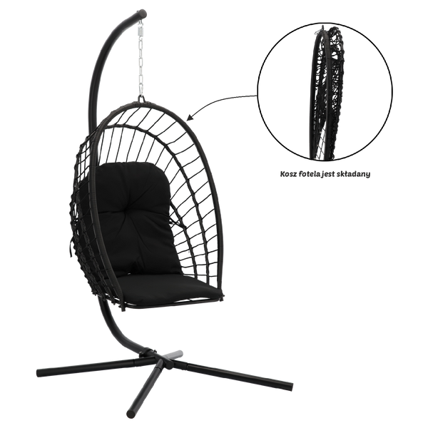 ERIS BLACK HANGING FOLDABLE CHAIR, PILLOW - BLACK, FRAME - BLACK