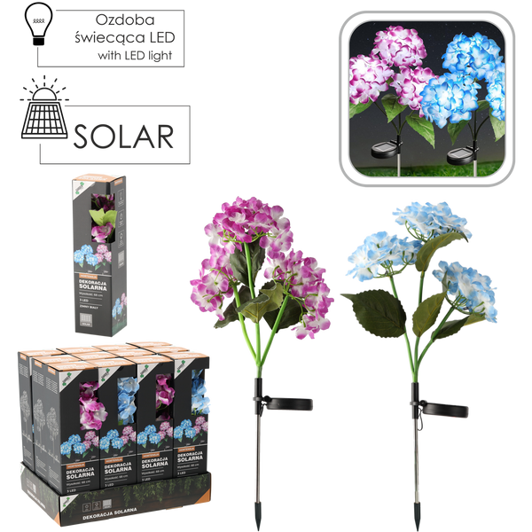 SOLAR LAMP H 68 CM HYDRANGEA 3 LED COLD WHITE MIX COLOR DISPLAY=12PCS