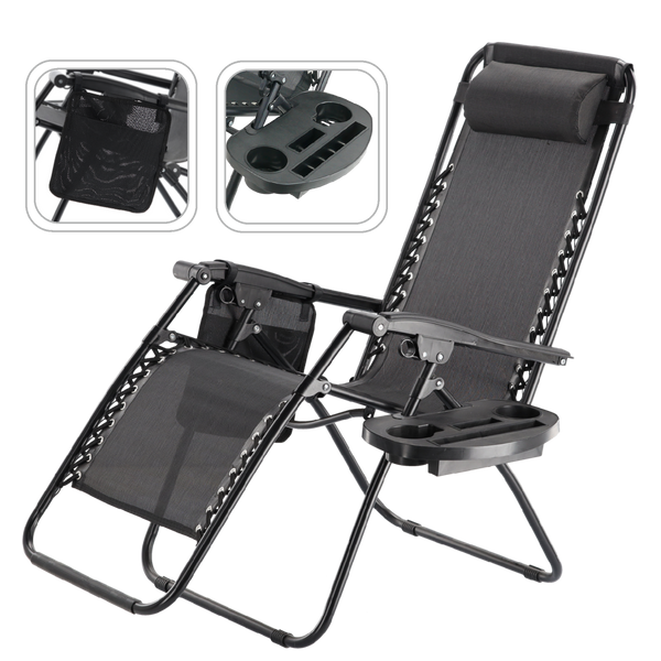 LEŻAK OGRODOWY SKŁADANY Z PODSTAWKĄ, KIESZONKĄ I ZAGŁÓWKIEM CZARNY