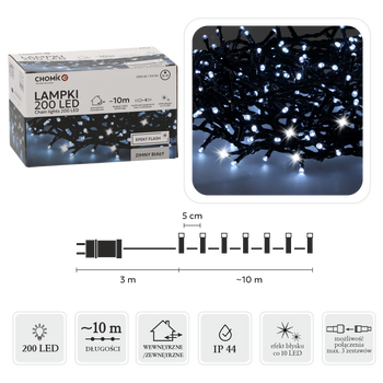 LAMPKI LED 200L ZIMNY BIAŁY + ZIMNY FLASH, DŁ. 3 + 10 M WEWN/ZEWN *9485