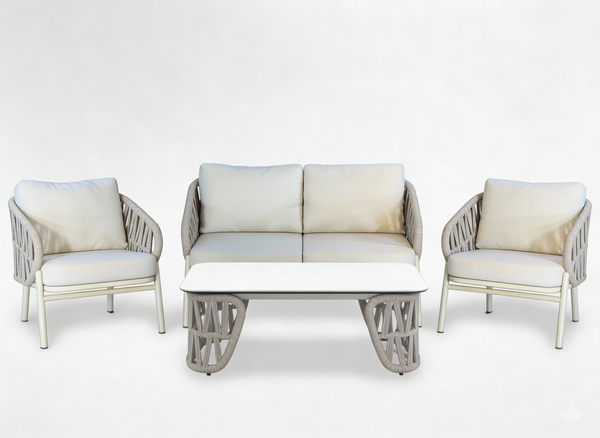 ZESTAW MEBLI ALUMINIOWYCH ( SOFA + 2 FOTELE + STOLIK ) BEŻOWE + BEŻOWE PODUSZKI