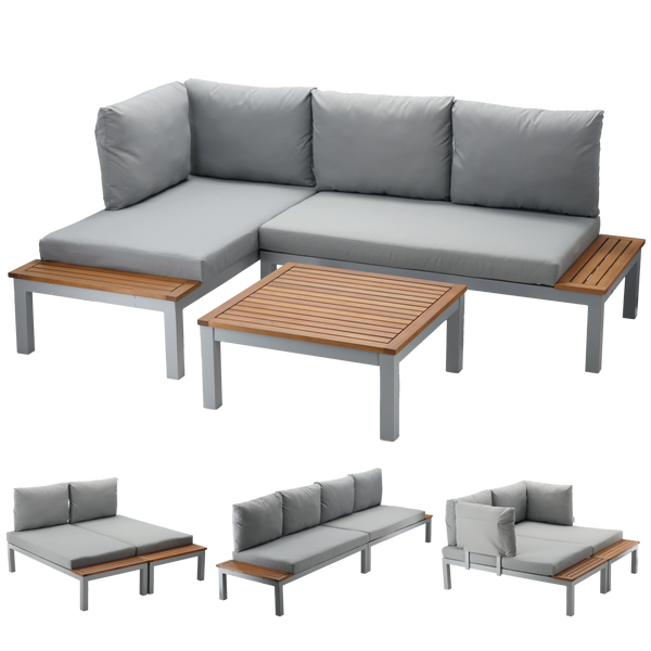 SADA MODULÁRNÍCH HLINÍKOVÝCH NÁBYTKŮ "BOHITO" - STOLÍK /WIM9865/ + 2 SOFAS /WIM9858 x2/