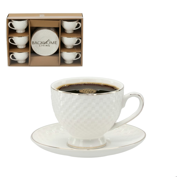 SET OF 6 EMBOSSED CUPS WITH SAUCER 250 ML WITH GOLDEN DECORATIVE STRIPE
