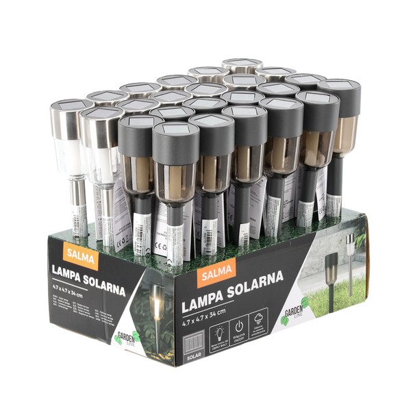 SOLAR LAMP SALMA 4.7 x 4.7 x 34 CM SILVER TRANSPARENT / GRAY SMOKE WARM WHITE disp=24pcs