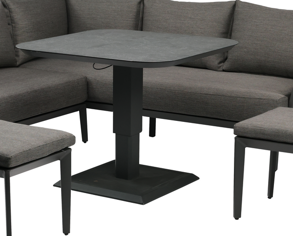 ZESTAW MEBLI ALUMINIOWYCH "TALLINN" (SOFA NAROŻNA + 2 PUFY + STOLIK Z REGULOWANĄ WYS.) SZARY + SZARE PODUSZKI