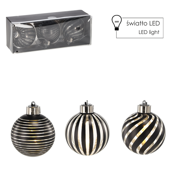 KPL. 3 skleněných ozdob - stříbrné 8 cm LED *4372