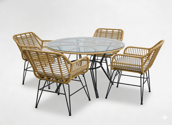 ZESTAW MEBLI OGRODOWYCH (STÓŁ, 4 KRZESŁA) - BRĄZOWY, PODUSZKI - SZARY