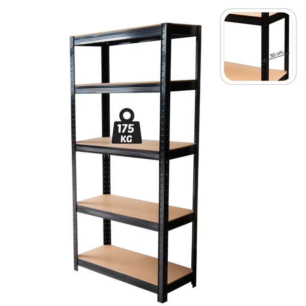REGAŁ 5-POZIOMOWY 180 x 90 x 30 CM CZARNY UDŹWIG PÓŁKI: 175 KG *7361