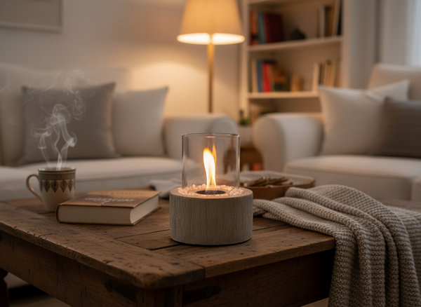 BIOKOMINEK STOŁOWY IMITACJA DREWNA Z BIAŁYMI KAMYCZKAMI 20 X 20 X 25 CM