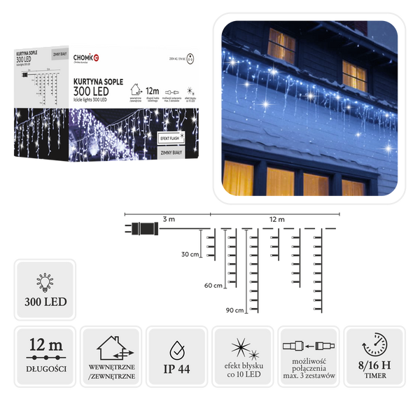 CORTINA STALACTITE 300L ALB RECE + FLASH RECE, LUNGIME 3 + 12 M *9850