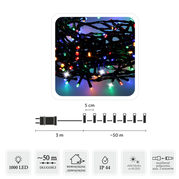 LAMPKI LED 1000L MULTIKOLOR + ZIMNY FLASH, DŁ. 3 + 50 M WEWN/ZEWN *8455