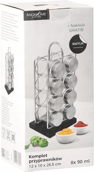 PRZYPRAWNIK PROSTOKĄTNY 12 x 10 x 26,5 CM Z RĄCZKĄ 8 SŁOICZKÓW SREBRNO-CZARNY *9189