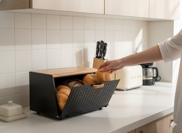 BREAD BOX HIBISCO - ENAMELED WITH BAMBOO LID 35,5 X 17 X 19,5 CM BLACK