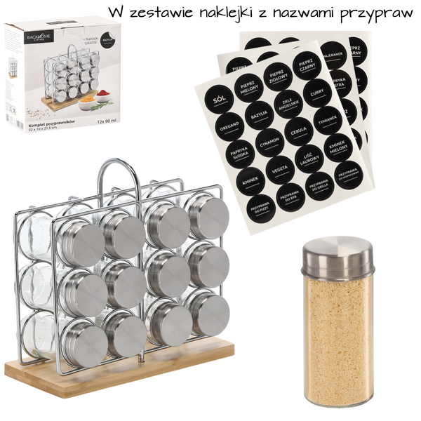 PRZYPRAWNIK PROSTOKĄTNY 22 x 10 x 21,5 CM Z RĄCZKĄ 12 SŁOICZKÓW BAMBUSOWO-SREBRNY *9202