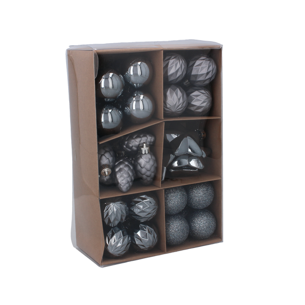 SET OF 47 BAUBLES 4-6 CM OLIVE/COPPER/GRAPHITE MIX DESIGNS