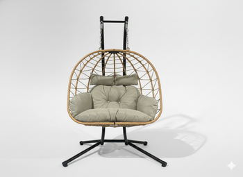 FOTEL WISZĄCY PODWÓJNY SKŁADANY LUVO BRĄZOWY, PODUSZKA - JASNY SZARY, RAMA - CZARNA