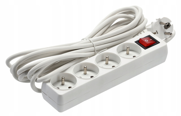 EXTENSION CORD POWER STRIP WITH SWITCH 4 SOCKETS 5 M WHITE