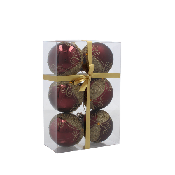 SET OF 6 CHRISTMAS BAUBLES DARK RED 7 CM