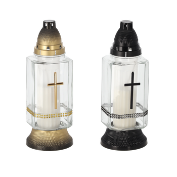 CANDLE 30CM/40H SQUARE SEQUINS CROSS BLACK/GOLD PACK=7PCS*6756