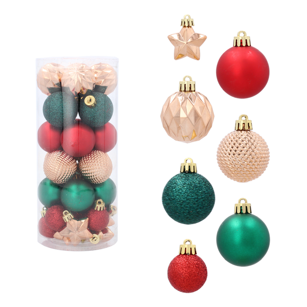 SET OF 32 BAUBLES 3-4 CM RED/GOLD/GREEN